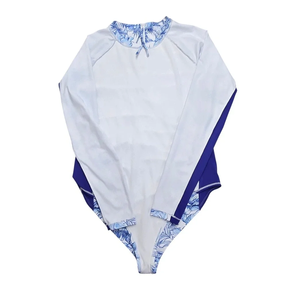 UPF 50 Rash Guard Swimsuit Women 2XL Blue Tropical Floral Long Sleeve One Piece